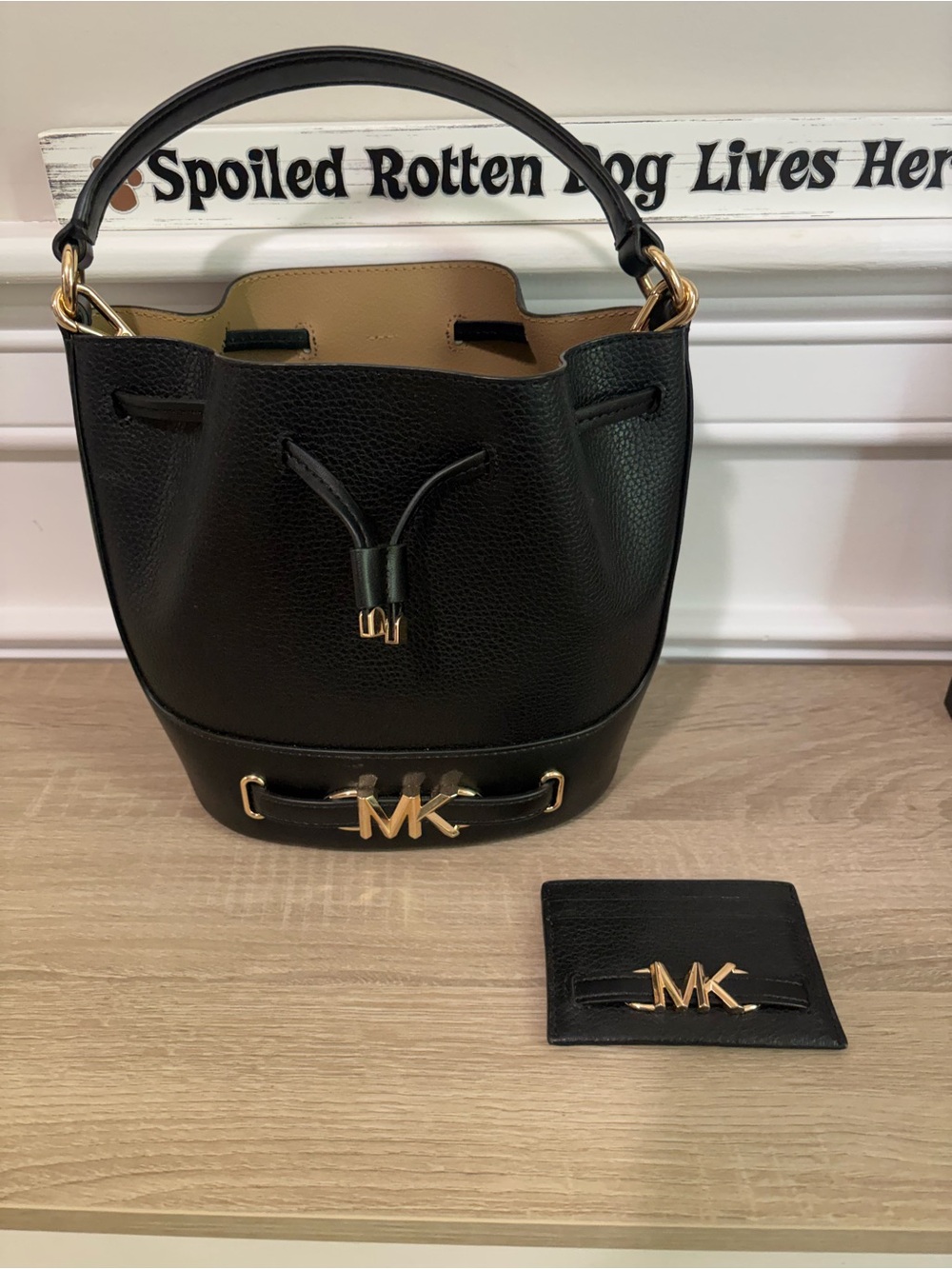 Michael Kors Black Pebbled Leather Bucket Bag with Card Holder